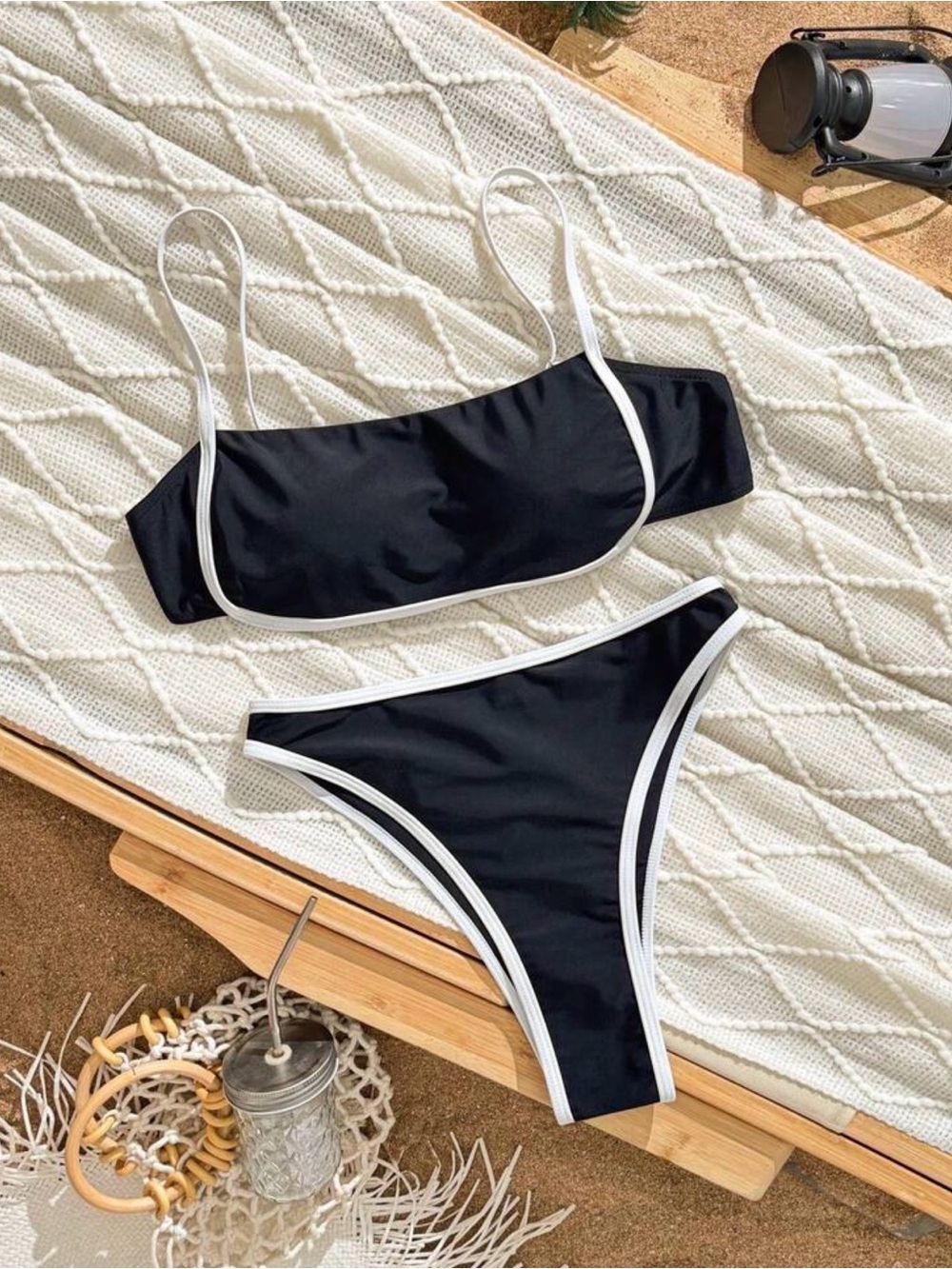 Black Contrast-Trim Bikini Set